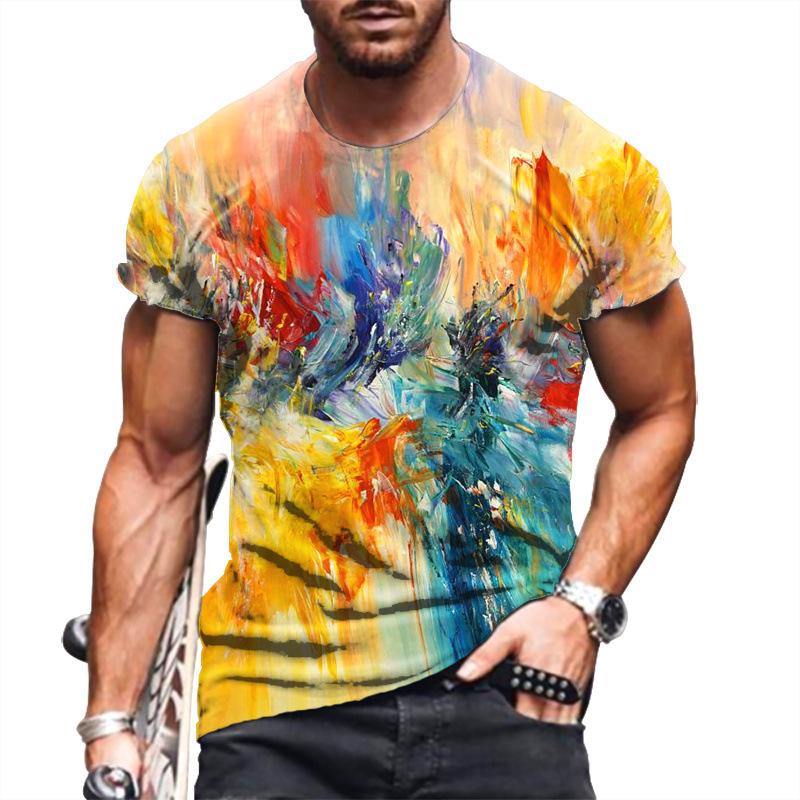 Retro Men's Personalized Color Striped Printed T-shirt Casual Fashion Trend Harajuku Round Neck Top Creative Hip-hop Cool Short Sleeved Streetwear