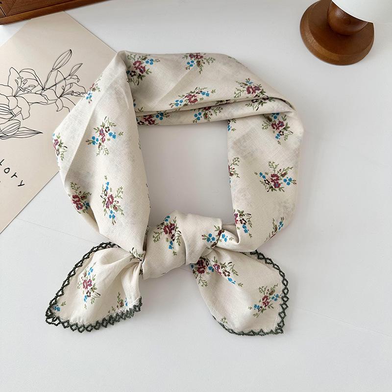 70% Cotton Linen Small Square Silk Scarf - Korean Style Floral Design for Versatile Neckwear and Decorative Use