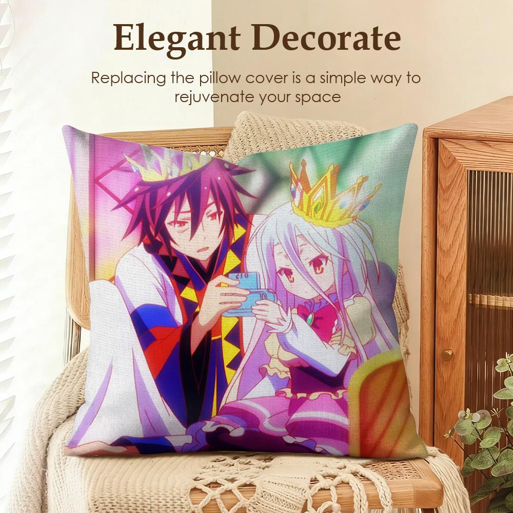 No Game No Life Anime Cushion Cover Natural Linen Organic Fabric DoubleSided Printing Sofa Home Decor Gift Pillow Case