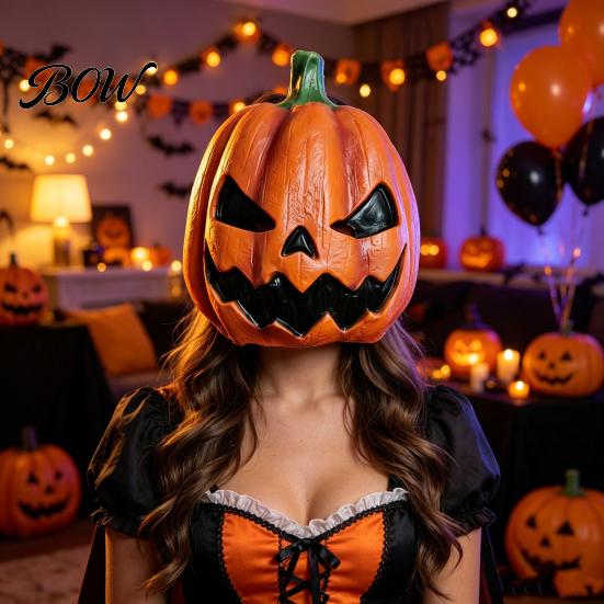 Detailed Pumpkin Costume Mask Halloween Mask, Latex Full Head with Realistic Texture, Scary Cosplay Prop Party Accessory for Night, Breathable
