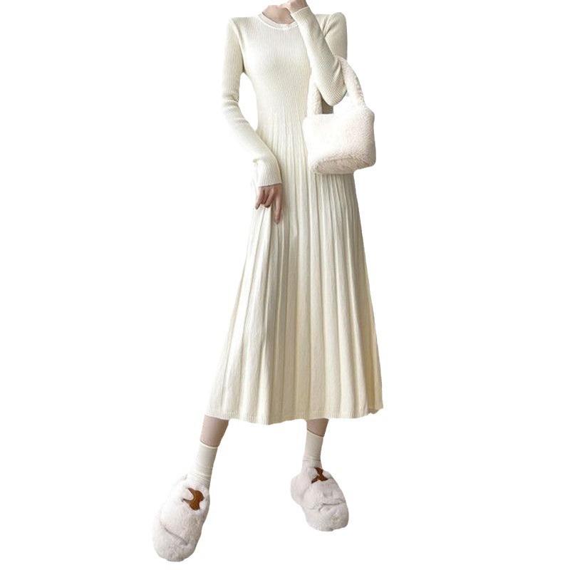 Осень и зима новый повседневный модный внутренний свитер юбка однотонный круглый вырез до колена длинное вязаное платье женское