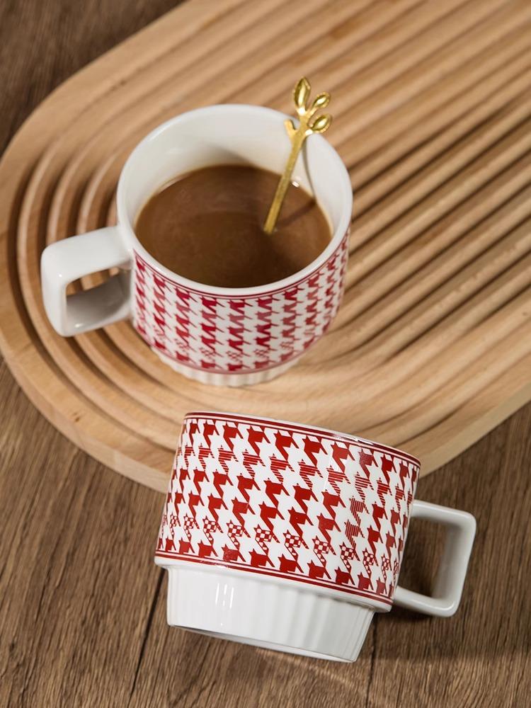 Nordic Houndstooth Ceramic Mug – Retro Coffee Cup with Handle, Spoon Classic  Pattern, 400ml