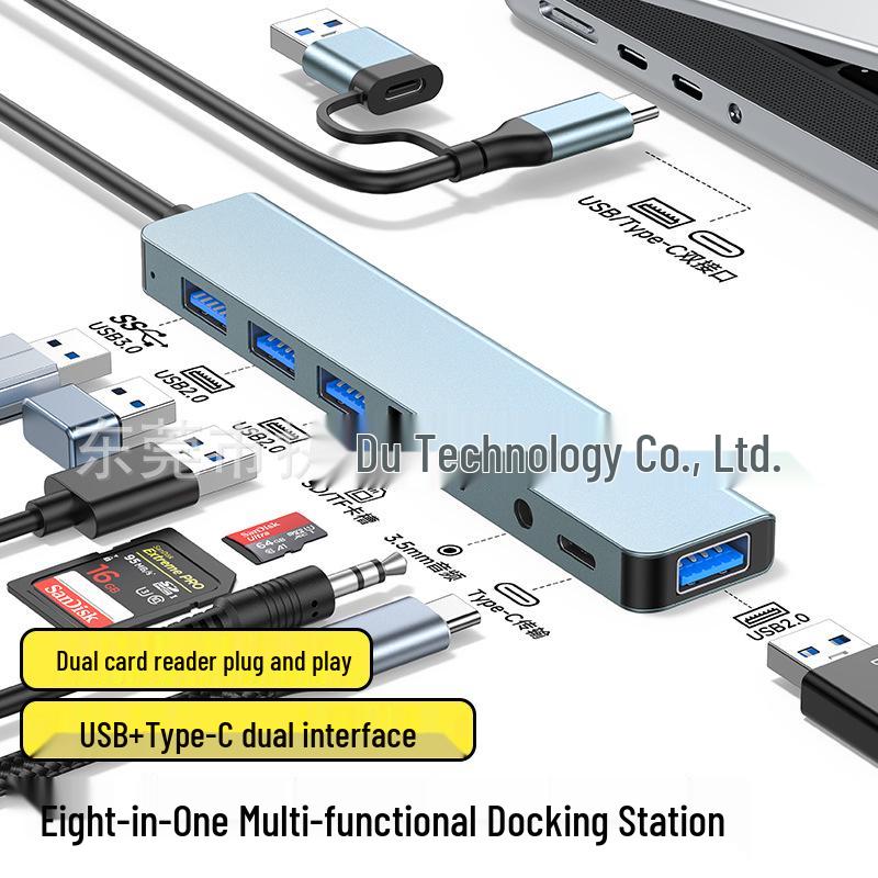 Dual-Head 8-in-1 USB Hub Docking Station with Card Reader, 3.5mm Audio, and Type-C for Mobile and Laptops