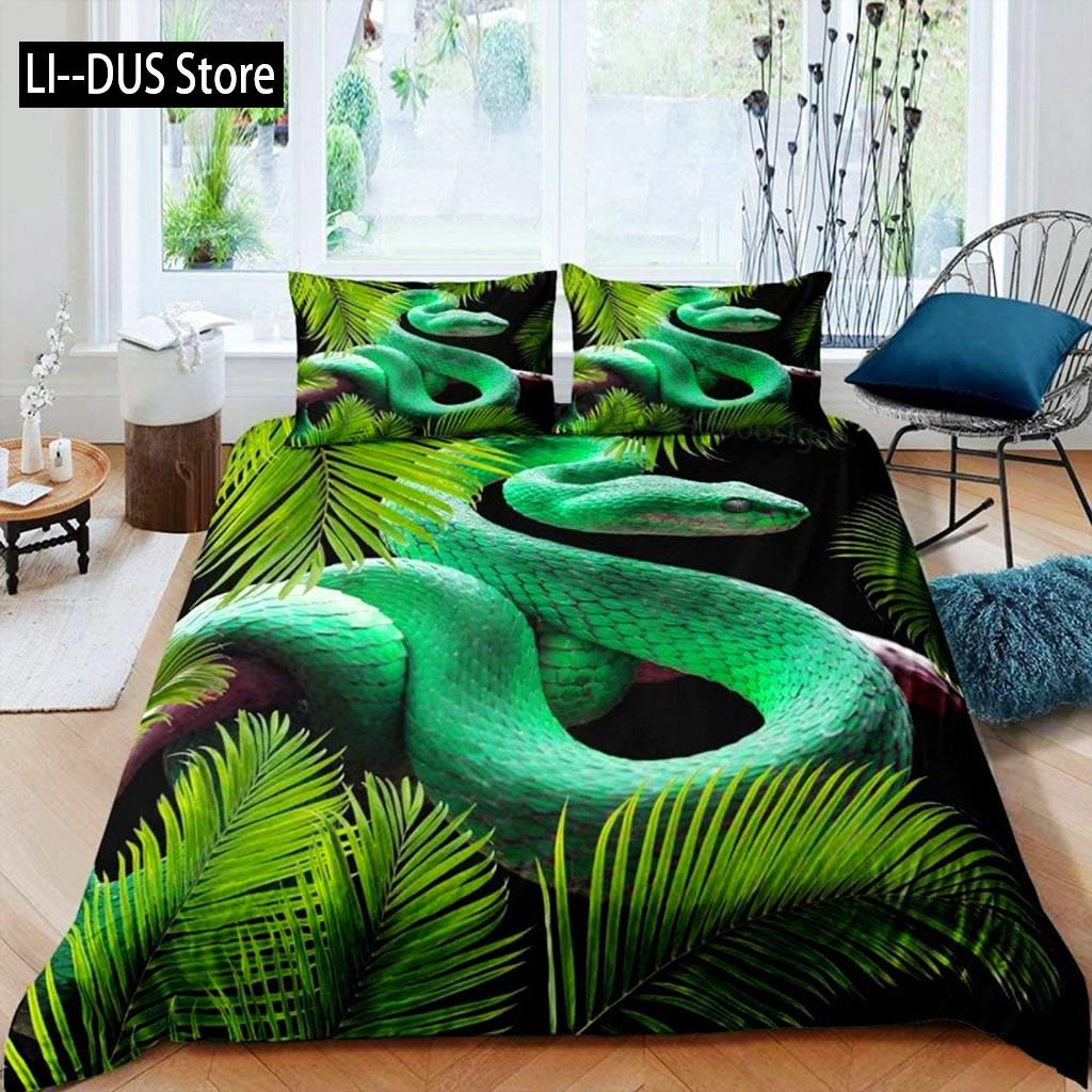 Комплект постельного белья со змеиным рисунком, комплект постельного белья с зеленым рисунком из микрофибры, постельное белье с изображением животных для мальчиков и мужчин, двуспальное одеяло размера «king-size»