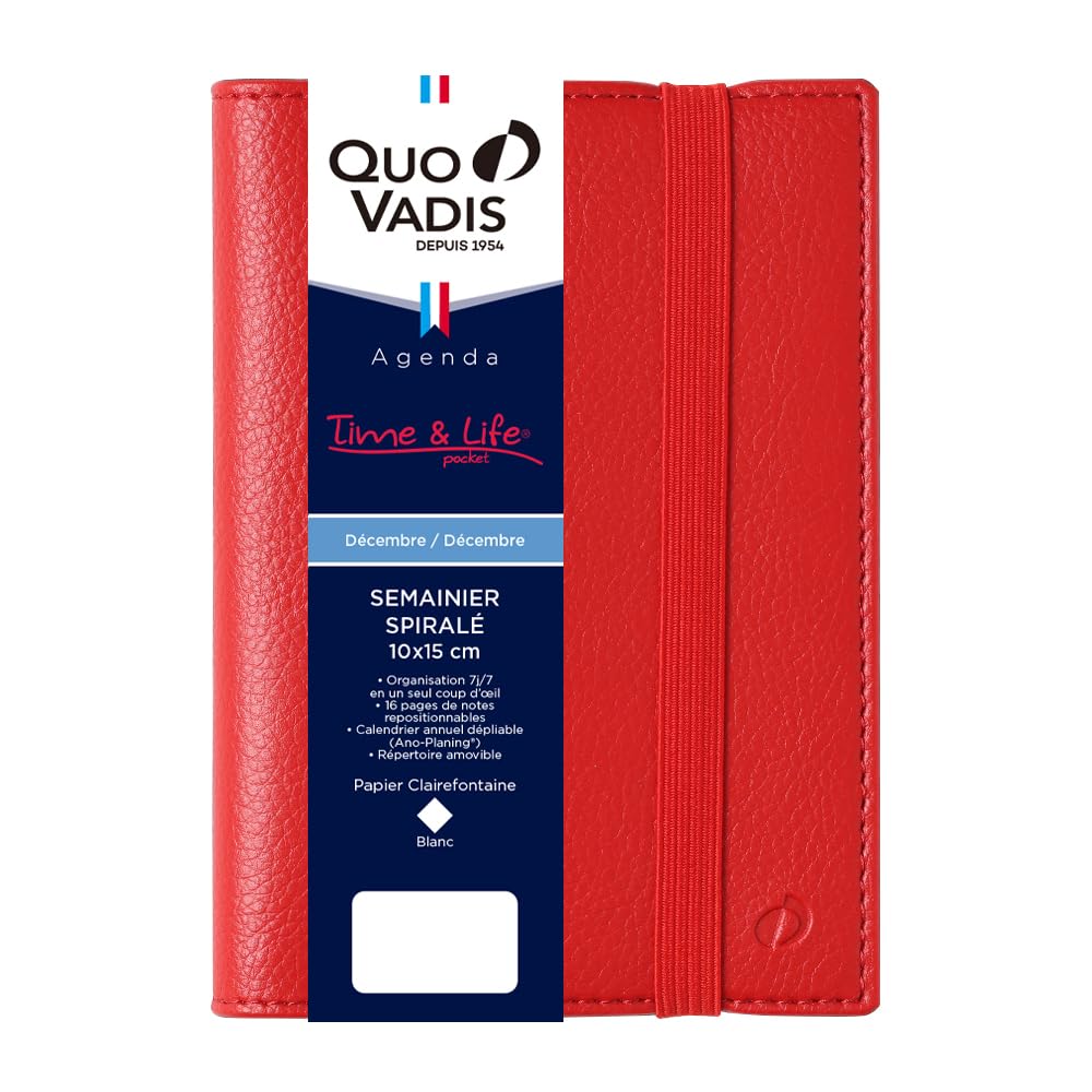 Quo Vadis 2026 Edition Time and Life 10x15 Diary (Weekly Vertical, Starting December 2025, A6 Variant, 10x15cm, French Edition) Vermilion (qv539vm)