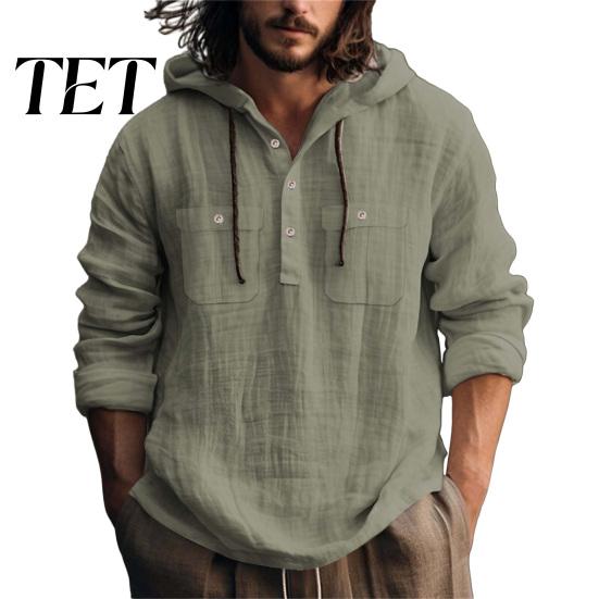 Comfortable Gym Sports Tops Men Cotton Linen Hoodie, Long Sleeve Hooded Sweatshirt with Button Mens Beach Vacation Apparel Neck, Casual Pullover Shirt