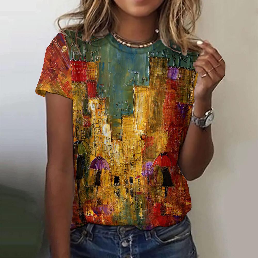 Женские футболки с 3D-печатью, узором в виде масляной живописи, круглым вырезом и коротким рукавом, Y2k, Харадзюку, Топы, Женская одежда
