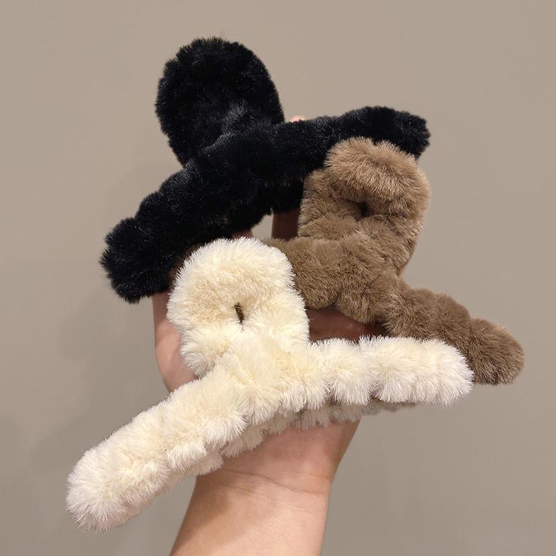 Мягкая молочно-кофейная серия пушистых плюшевых заколок для волос на затылке, теплые большие плюшевые заколки-акула, заколки-когти для волос