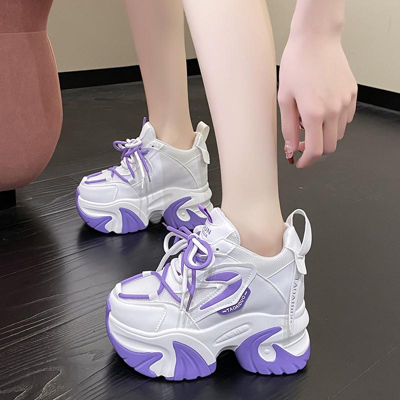 Модные женские кроссовки на массивной подошве Весна Осень 10 см Скрытая платформа Кожаные Повседневные туфли Женские Кристальные На высокой платформе Женские Спортивные Кроссовки Папа