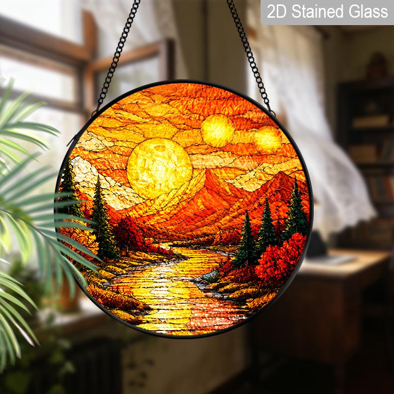 1pc 2D Flat Mountain Sunset Suncatcher Stained Glass Window Hanging, Rustic Mountain Landscape Sun Catchers Indoor Window Glass Wall Art Decor