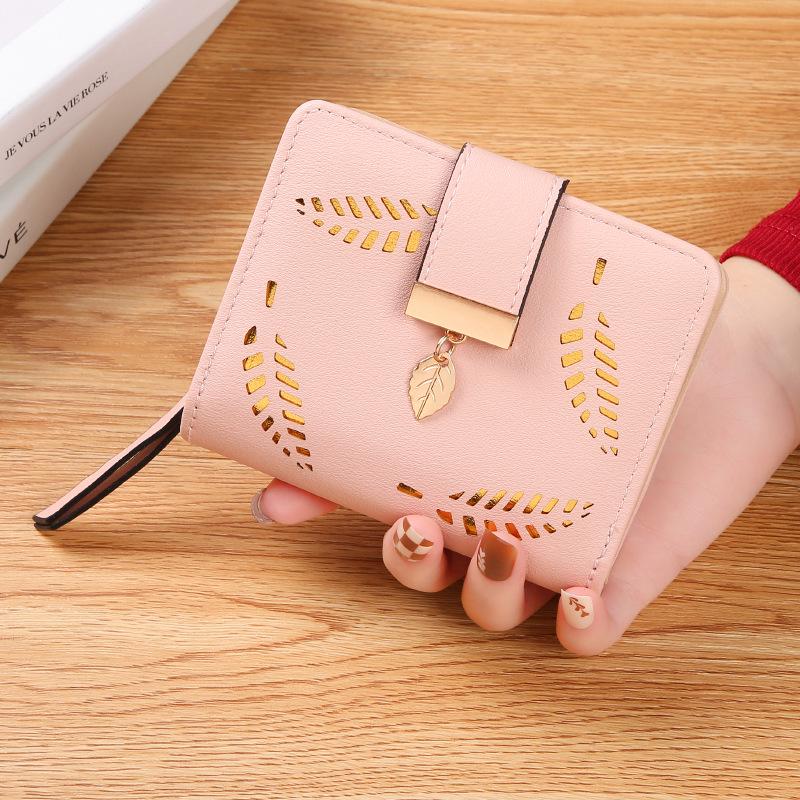 Женский корейский стиль кошелек-портмоне с листом, двойного сложения, для монет, с молнией, держатель для карт