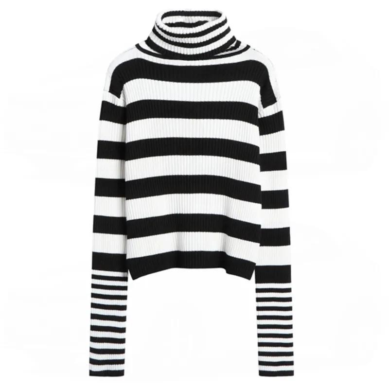 Свитер женский, водолазка, трикотаж, черно-белый полосатый пуловер, корейский тонкий топ, модный свитер, осенне-зимняя мода
