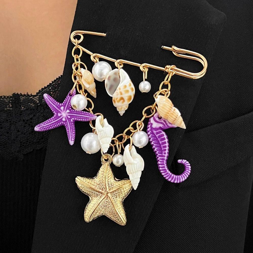 Metal Chain Tassel Imitation Pearl Brooch Gold Color Starfish Brooch Pin For Women
