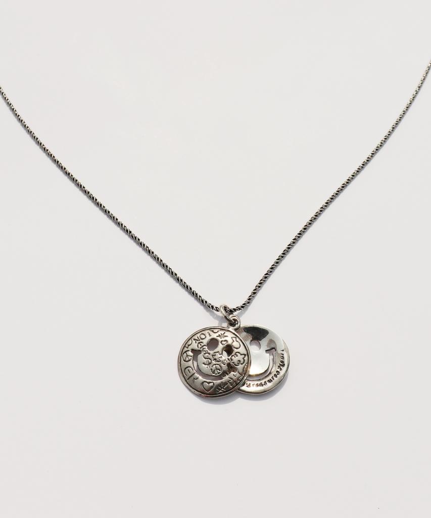 Bonbeau Double Kitsch Smile Long Chain Necklace 925 Sterling Silver Smile Coin Pendant Oxidized Silver Chain Necklace 70Cm
