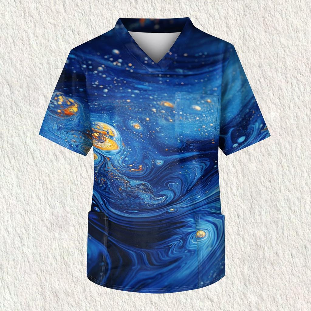 Мужская рабочая блузка с короткими рукавами и v-образным вырезом с принтом, топ с нагрудным карманом