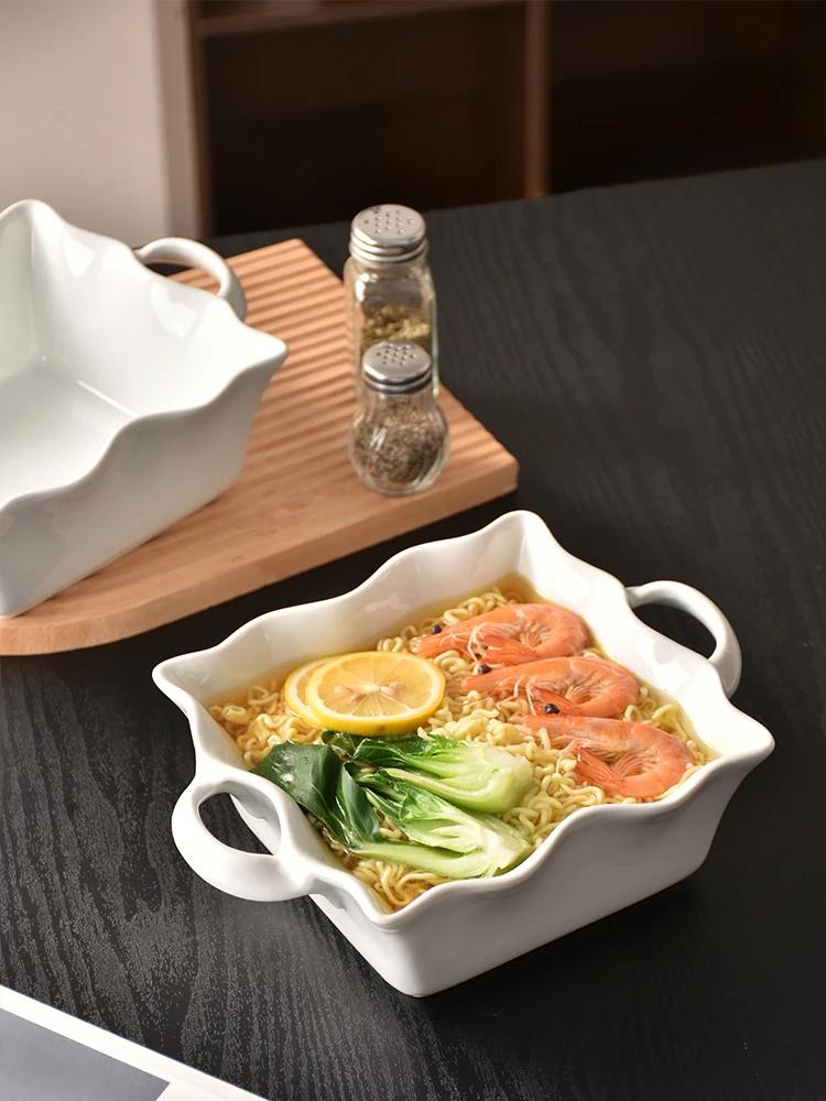 Миска с двумя ушами Wave, простая скандинавская бытовая посуда, креативная керамическая миска для лапши большой емкости, однотонная большая суповая миска