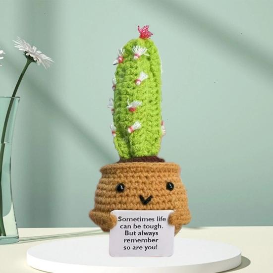 Crocheted Doll Cactus Succulent Doll with Cheer-up Card Tabletop Ornament Positive Crochet Figurine