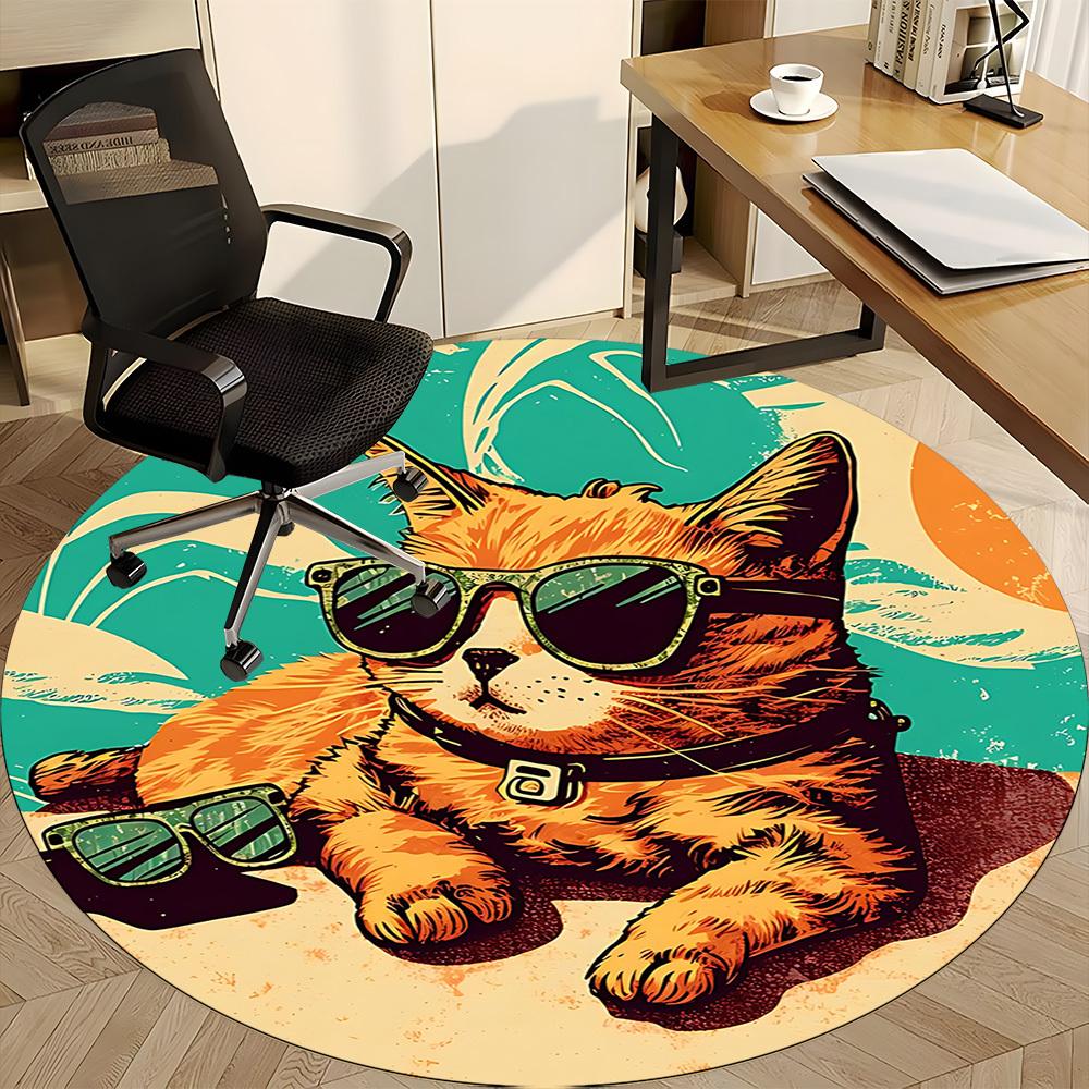 1pc Sunglasses Beach Cat Office Round Area Rug, Under Office Chairs Bedroom Living Room Home Decor, Room Deco