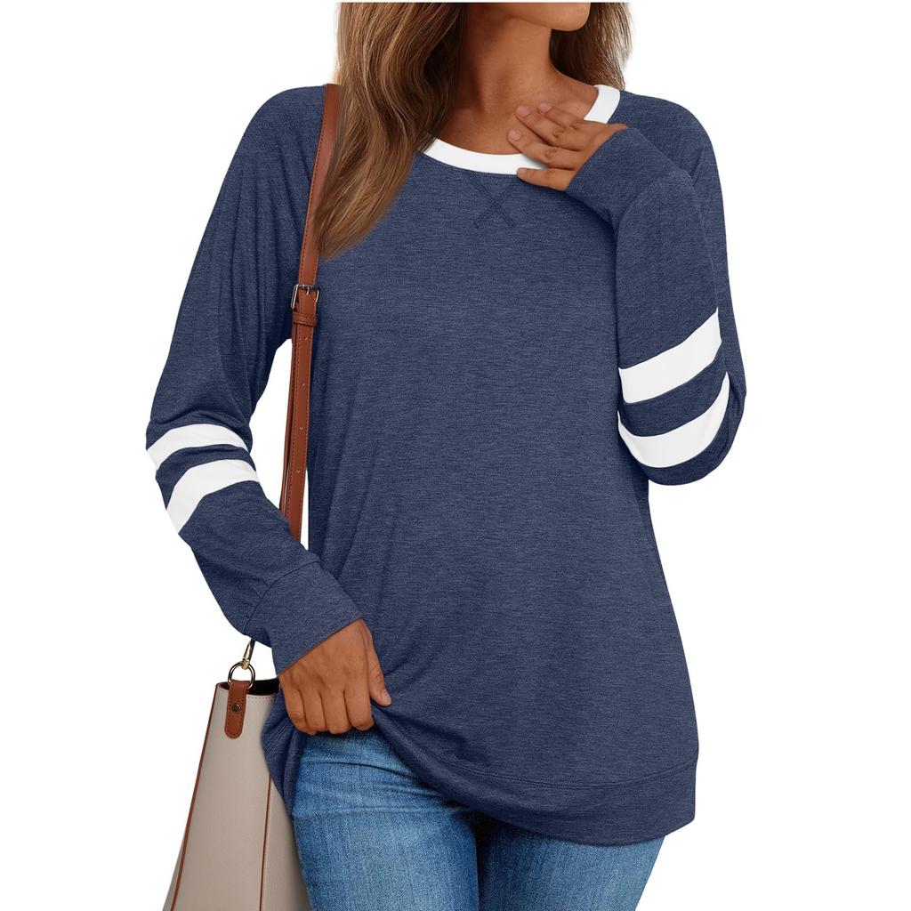 Женский повседневный повседневный топ с длинным рукавом и круглым вырезом в стиле пэчворк