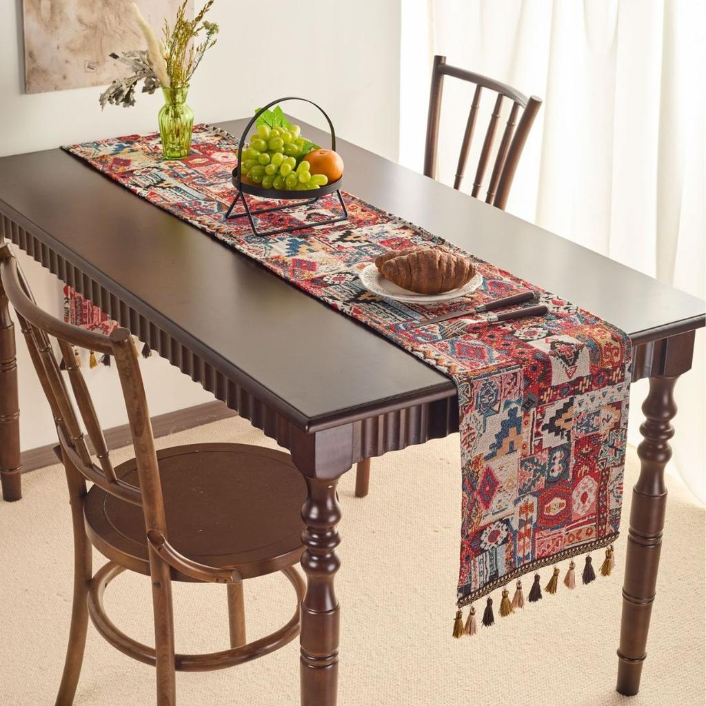 Table Flag Red Jacquard Tea Flag Fringed Ethnic Style Geometric Tv Cabinet Coffee Table Long Cover Decoration