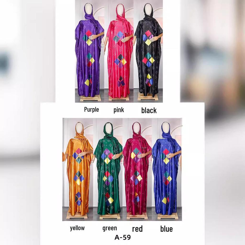 Plus Size Women's Muslim Robe with Headscarf - Middle East & Africa Style, Hot Drill Design.