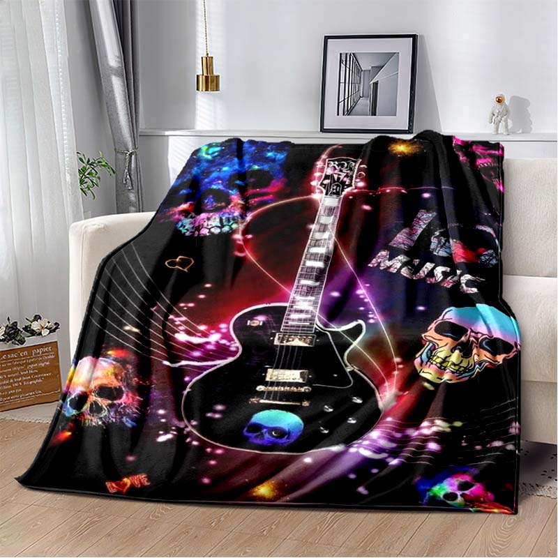 Tropical Beach Electric Guitar Print Flannel Blanket, Palm Tree & Amp Throw Blanket