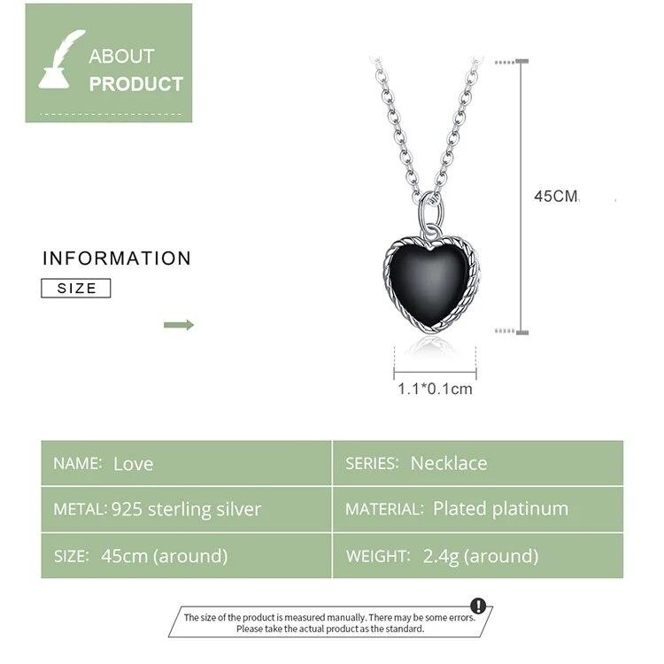 Real 925 Sterling Silver Black Heart Love Pendant Vintage Necklace Women Statement Collares Jewelry Gift Noble