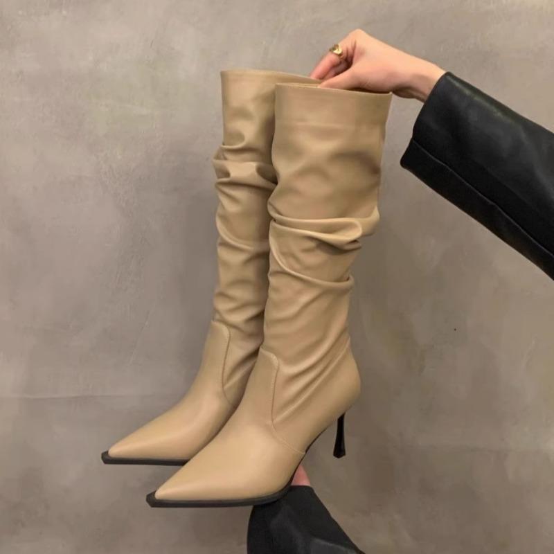 Мода 2024 Осень Новые женские сапоги с острым носком и плиссировкой Модные сапоги до колена на высоком каблуке