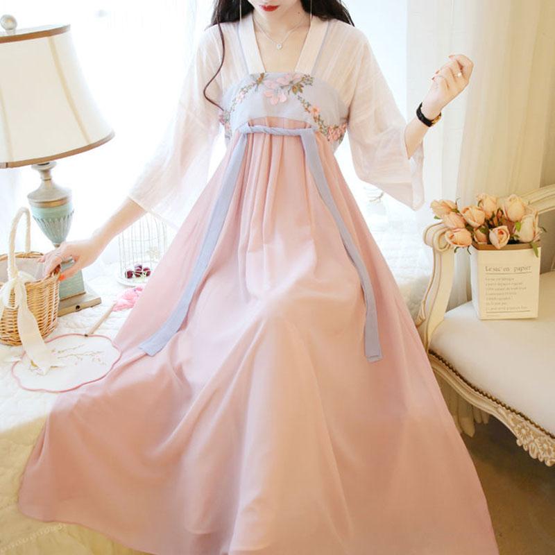 Dynasty Han Clothing Improved Chinese Dress Summer Female Student Embroidered Antique Ancient Costume Fairy High Waist Midsleeve Chiffon Long Skirt