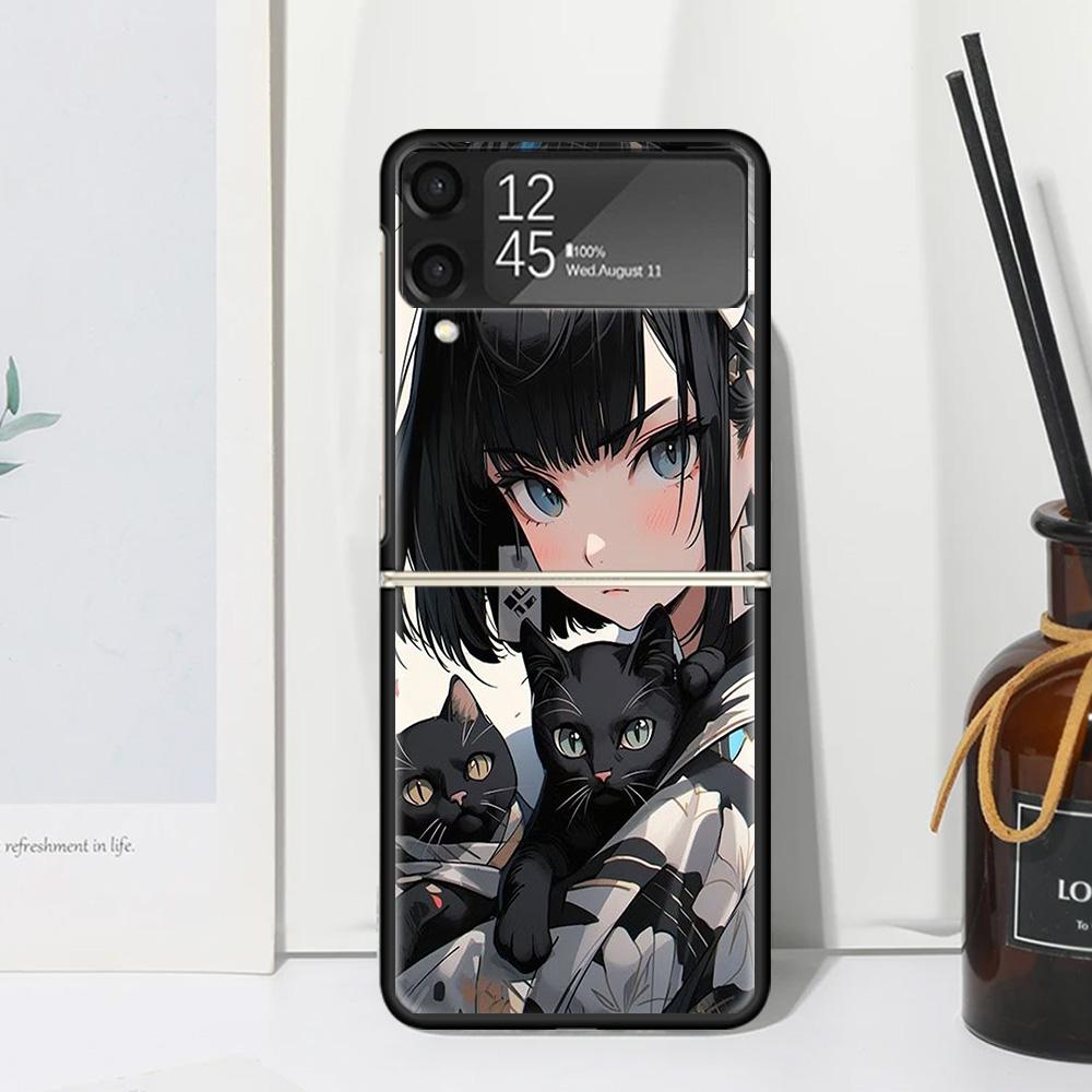Милые Аниме Девочки Черный Кот Чехол для Телефона для Samsung Galaxy Z Flip 7 6 5 4 3 5G Flip3 Flip4 Flip5 ZFlip6 ZFlip7 Черный Fundas