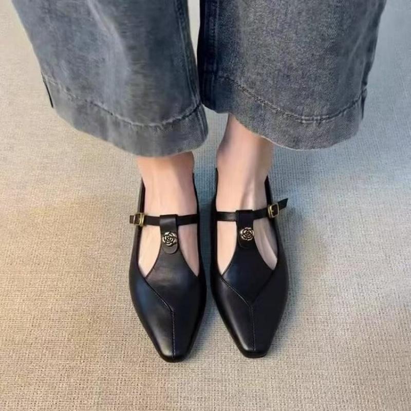 Новые винтажные женские кожаные туфли-лодочки Мэри Джейн - Остроносые, с золотой цветочной пряжкой на Т-образном ремешке, на низком каблуке, офисная и повседневная обувь