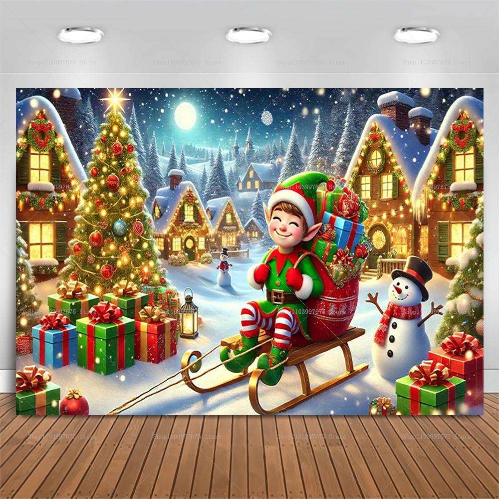 Cute Christmas elf scene, snowy Christmas decorations, children's birthday party decorations, photography backdrop, banner, photo stand props5328