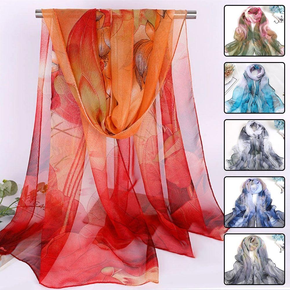 Fashion Floral Printing Silk Scarf Smooth Breathable Women Foulard Lotus Leaf Long Wraps Women