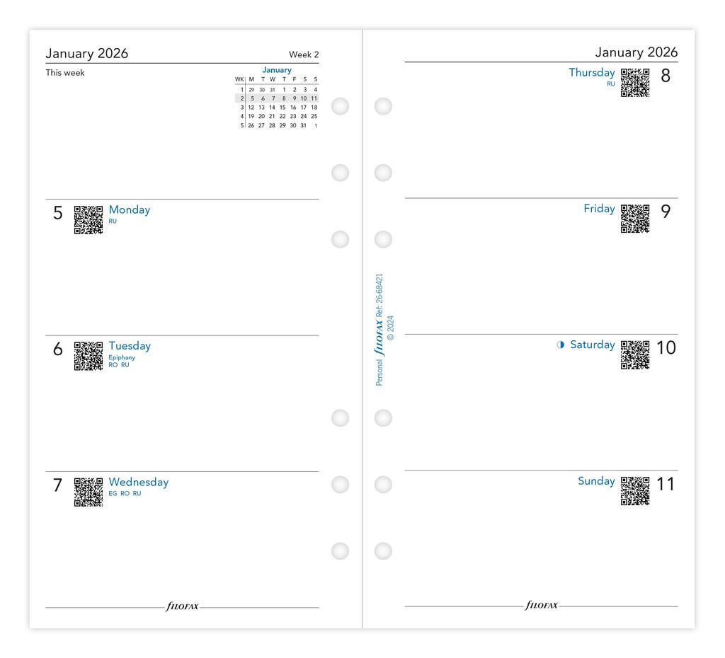 Filofax System Organizer Refill, 2026, January Start, Bible Weekly, White, 26-68421, Officially Imported
