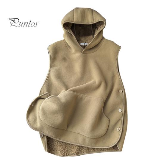 Women Fall Winter Vest with Hooded Side Button Closure Fleece Thermal Isolation Solid Color with Front Pocket Casual Daily Hoodie Top