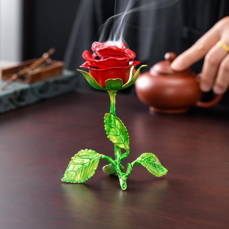 Ceramic Rose Incense Burner Ornament Decorative for Living Room Table Fragrance Holder Indoor Dining Room Desk Decor