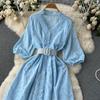 Summer New Casual Embroidery Holiday Dress Women Puff Sleeve Female Vintage Party Beach Long Midi Dresses With Belt