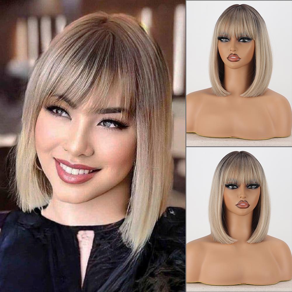 MERISIHAIR Women Short Straight Brown Bob Wig with Bangs Synthetic Fiber Natural Straight Shoulder Length Wig Daily Wear