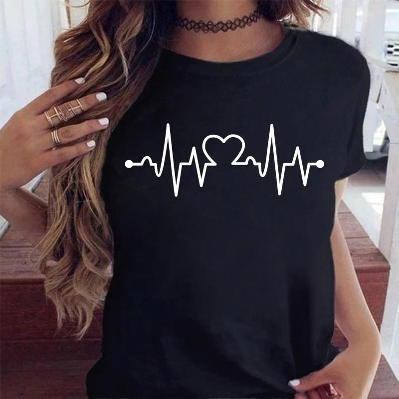 Comfortable Fabric TShirt Womens Summer Shortsleeve Shirt Tops Crew Neck Top Heartbeat Pattern Print Clothes Tops