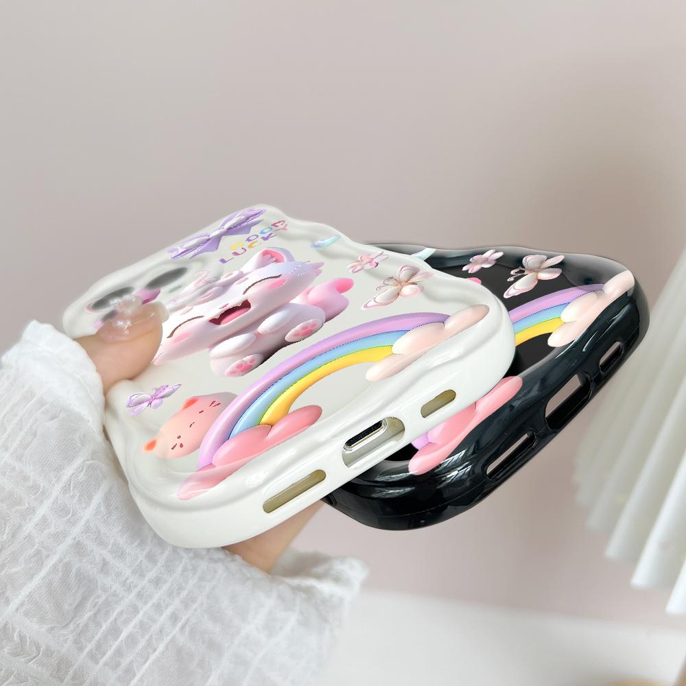 For iPhone 16 15 14 13 12 Samsung S24 S23 S22 A06 A13 A14 A15 A16 A55 Redmi Note 13 12 Lovely Cartoon Cat Pattern Soft Shockproof Wave Edge Phone Case