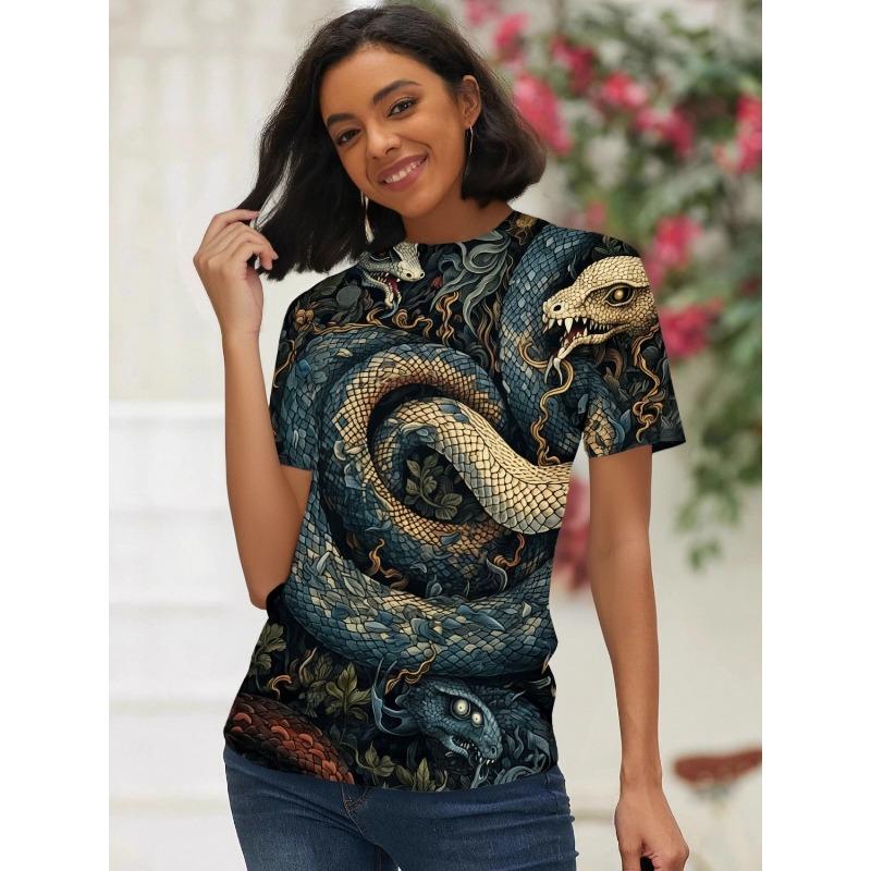 Summer Women's T-Shirt Vintage Casual Serpentine Print Fashion O Neck Pullover Short Sleeve Printed Loose Daily Tops Large Size Design Clothe
