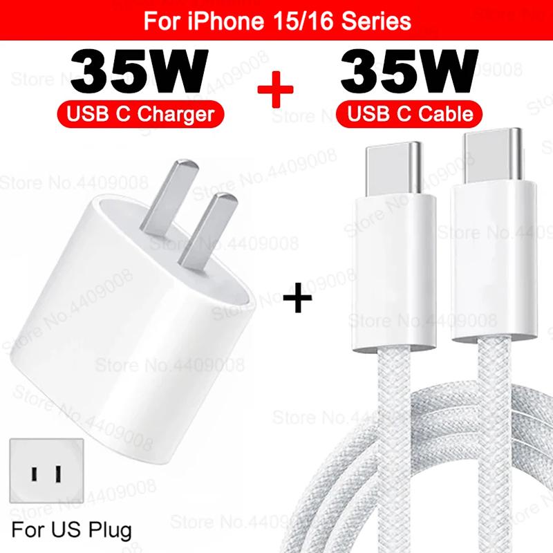 PD 35 Вт Быстрое зарядное устройство USB C для Apple iPhone 15 14 13 12 11 16 Pro Max Быстрая зарядка Кабель USB Type C для зарядки iPhone 16 Зарядное устройство