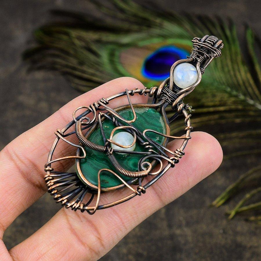 Malachite, Moonstone Gemstone Copper Wire Wrap Jewelry Pendant 3.15"