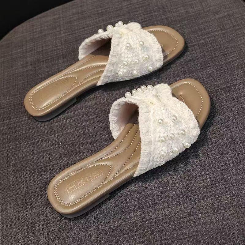 2025 лето новые легкие жемчужные прохладные тапочки женские для улицы сказочный стиль плоская подошва шлепанцы универсальная модная бомба