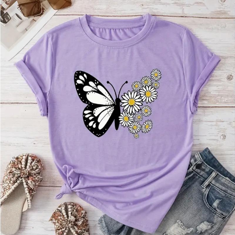 Модная женская футболка с принтом бабочек и цветов, забавная повседневная футболка с круглым вырезом и короткими рукавами, летняя женская футболка