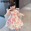 Платье для девочек, летняя повседневная юбка принцессы с цветочным принтом для девочек, юбка-пачка, милое платье с открытой спиной и бантом во французском стиле ретро, ​​милое платье на талии