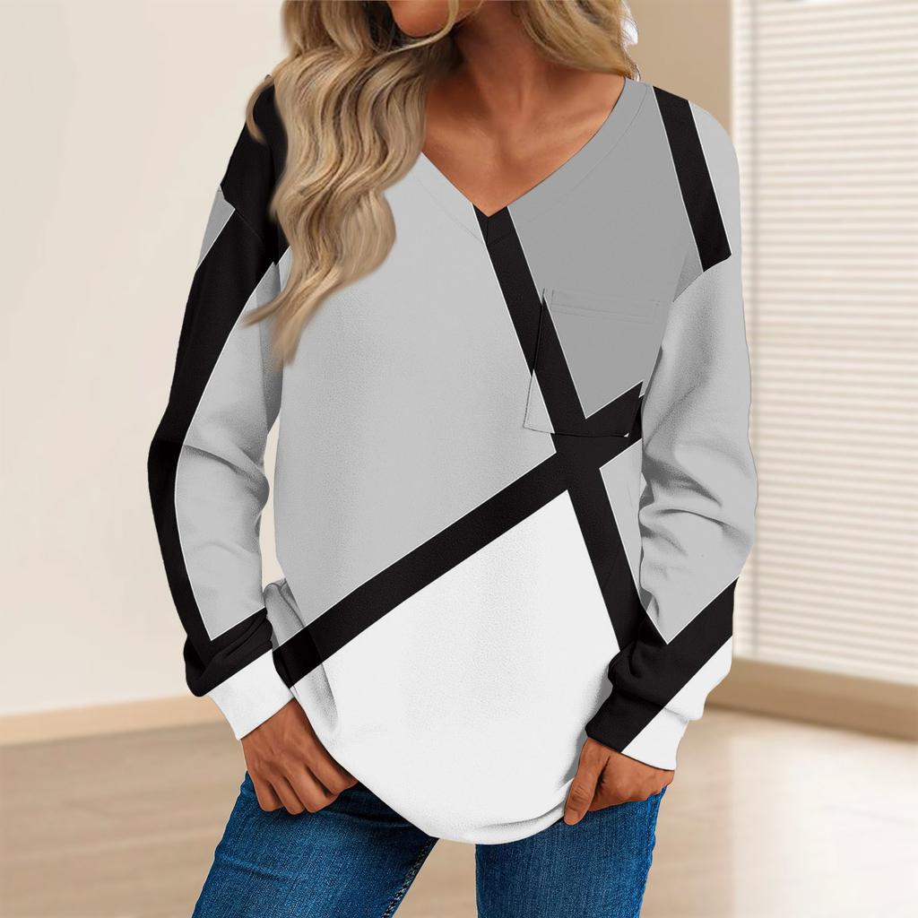 Женская мода повседневный свитер с длинным рукавом и принтом V-образным вырезом