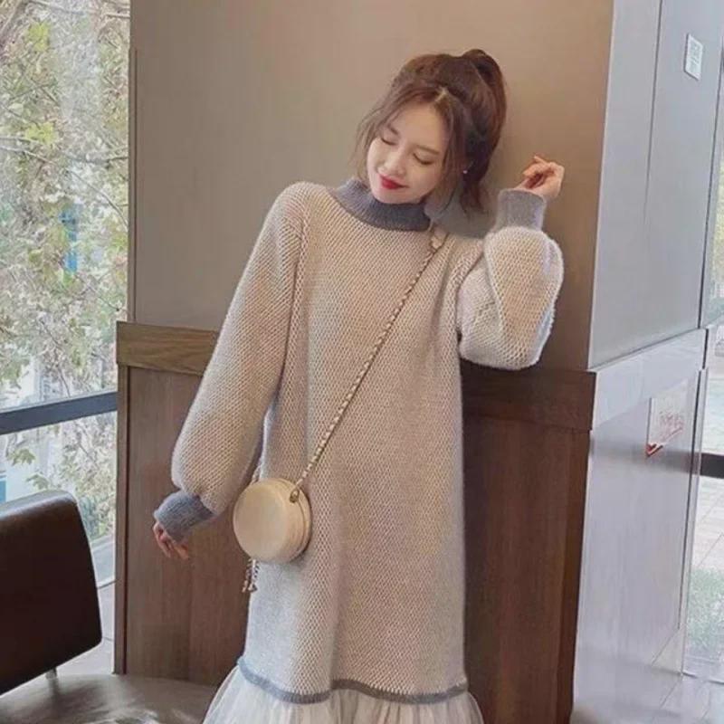 2024 Fall/Winter French Style Knee-Length Knitted Dress Coat with Inner Skirt and Sweater for Children