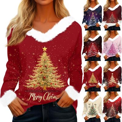 Женский модный повседневный топ с V-образным вырезом и рождественским принтом, с длинным рукавом