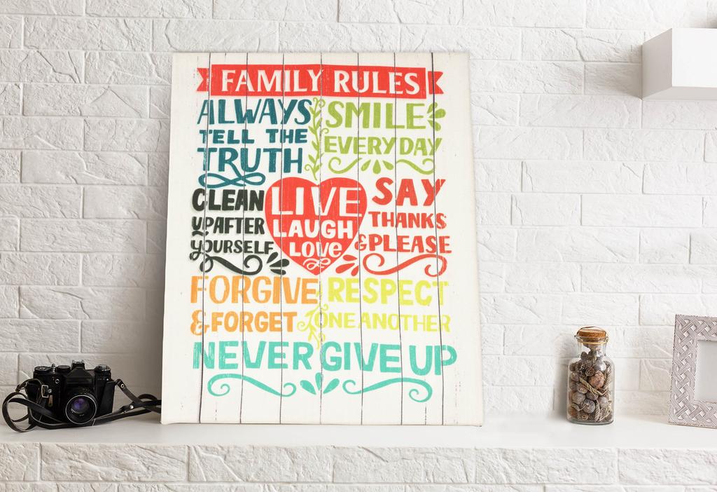 Inkdotpot Натяжной холст с цитатами Декор для стен, Семейные правила Декор для стен - 12x15 деревенский настенный знак